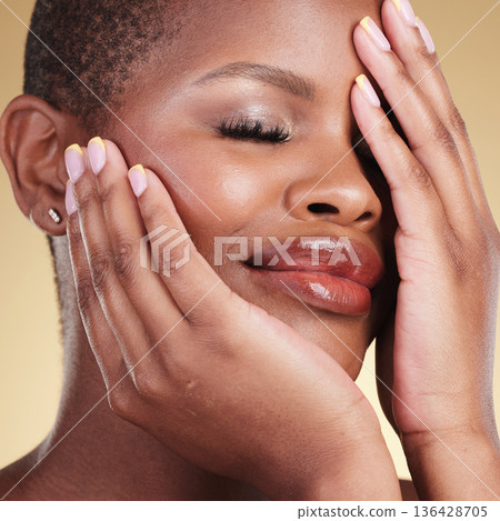Face, hands and manicure, black woman and beauty closeup with natural cosmetics isolated on studio background. African model, touching skin and nail care, makeup and dermatology with skincare glow Face, hands and manicure, black woman and beauty closeup with natural cosmetics isolated on studio background. African model, touching skin and nail care, makeup and dermatology with skincare glow 136428705