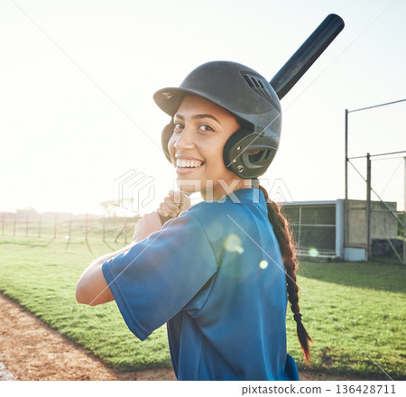 Baseball portrait, bat and a woman outdoor on a pitch for sports, performance and competition. Professional athlete or softball player happy about a game, training or exercise challenge at stadium 136428711