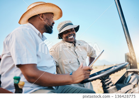 Game drive, safari and men with tablet for direction in Kenya desert with car for travel transport. Holiday, tour guide and driving with tech for adventure, holiday and journey info with employees 136428775