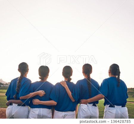 Women, team and softball, sports and support, fitness and back view with mockup space and athlete group together. Sunset, sky and solidarity, trust and exercise with baseball player people outdoor 136428785