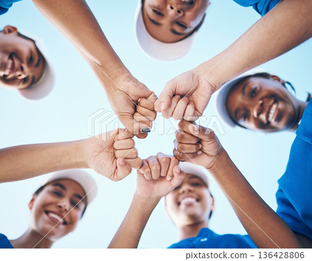 Sports, fist and portrait of baseball women below for support, teamwork and goal collaboration. Fitness, face and friends hands together for softball training, commitment or team power motivation Sports, fist and portrait of baseball women below for support, teamwork and goal collaboration. Fitness, face and friends hands together for softball training, commitment or team power motivation 136428806