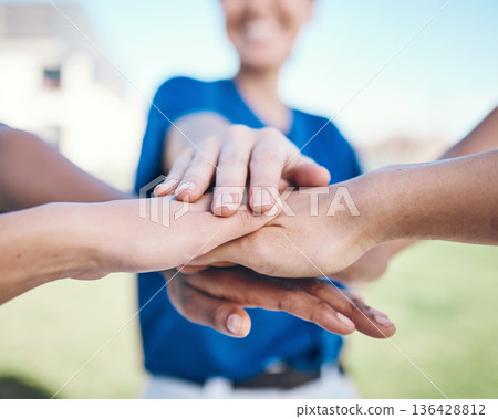 Baseball player, hands stack and together for team celebration, group teamwork or athlete goals support. Closeup champion, softball event winner and people celebrate match competition success 136428812