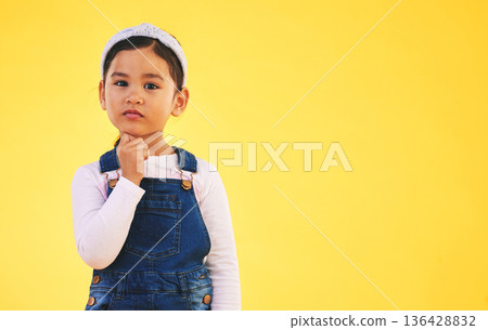 Girl child, studio portrait and space for thinking, promotion or mockup by yellow background. Young female kid, fashion and trendy clothes with hand by face for idea, style or confused with memory Girl child, studio portrait and space for thinking, promotion or mockup by yellow background. Young female kid, fashion and trendy clothes with hand by face for idea, style or confused with memory 136428832