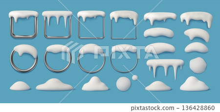 3D snow caps. Realistic icicles cap border. Render winter snow piles on silver frame, freeze snowdrifts on window. Decorative snowy shapes and ice elements. Vector set 3D snow caps. Realistic icicles cap border. Render winter snow piles on silver frame, freeze snowdrifts on window. Decorative snowy shapes and ice elements. Vector set 136428860