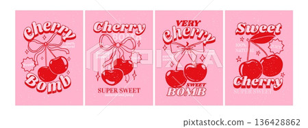 Vintage cherry poster. Retro berry print. Hand drawn cherries with text, slogan, typography. Sweet, fresh, farm, natural cherry banner with stars and grunge texture. Vector set 136428862