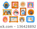 Cat portrait in frame. Cute pet pictures. Cartoon funny interior photos in frames with happy cats, home memory gallery with animal family on wall. Feline characters. Vector set 136428892