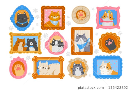 Cat portrait in frame. Cute pet pictures. Cartoon funny interior photos in frames with happy cats, home memory gallery with animal family on wall. Feline characters. Vector set 136428892