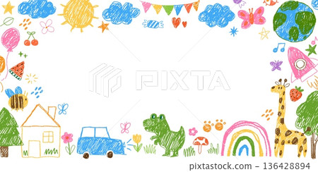 Kid draw frame. Banner with child crayon element. Doodle pencil background, chalk kids border with drawing sun, cloud, rainbow, butterfly. Childish templates. Vector concept Kid draw frame. Banner with child crayon element. Doodle pencil background, chalk kids border with drawing sun, cloud, rainbow, butterfly. Childish templates. Vector concept 136428894