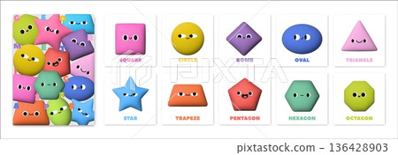 3d geometric shape characters. Abstract basic figure. Realistic cute kids colorful blob figures with faces for childrens education, school cards. Vector set 3d geometric shape characters. Abstract basic figure. Realistic cute kids colorful blob figures with faces for childrens education, school cards. Vector set 136428903
