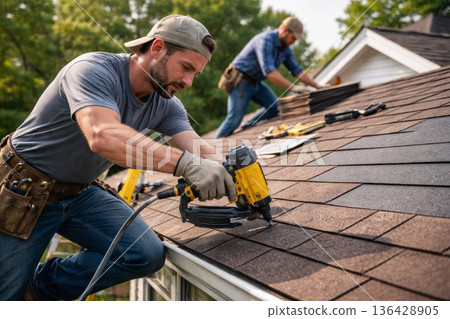Exterior Roof Repair With Safety Measures And Precise Measurements Observed. Skilled Roofer Utilizing Proper Safety Gear While Replacing Residential Asphalt Shingles Efficiently Exterior Roof Repair With Safety Measures And Precise Measurements Observed. Skilled Roofer Utilizing Proper Safety Gear While Replacing Residential Asphalt Shingles Efficiently 136428905