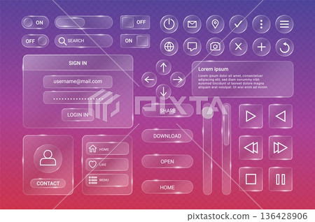 Glassmorphism interface. Transparent glass UI frames. Abstract gradient UI UX user button, bar, frame, templates for website, mobile app, social media. Vector set 136428906