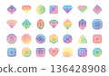 Gradient gems. Colorful jewel diamond. Simple flat color gradation jewelry geometric silhouette. Various gemstone shapes heart, crystal, hexagon, faceted brilliant. Vector set 136428908
