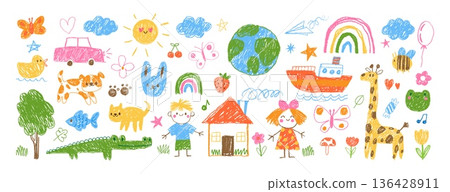 Child doodle drawing. Kids hand drawn illustration. Cute colorful kid crayon painting, pencil animals, chalk rainbow, house, planets. Funny kindergarten prints. Vector set 136428911