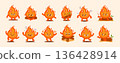 Flame characters. Cartoon cute fire. Funny fire mascot in different poses with cheerful, angry, happy faces, emotions. Hot object running, jumping. Vector sticker set 136428914