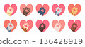 Cat paw in heart. Pet frame. Symbol animal love, pet care for animal lovers. Kitten palms and hands. Hearts stickers for pet shop. Valentine kitty footprint patch. Vector set 136428919