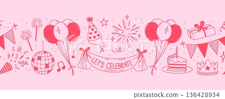 Party border. Birthday seamless pattern. Doodle fun horizontal background with festive decoration, confetti and balloon. Hand drawn celebration holiday banner. Vector print Party border. Birthday seamless pattern. Doodle fun horizontal background with festive decoration, confetti and balloon. Hand drawn celebration holiday banner. Vector print 136428934
