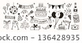 Party doodle. Birthday celebration hand drawn elements. Festive holiday event sketch icons. Disco ball, garlands and karaoke microphone, champagne and cake with candles, balloons. Vector isolated set 136428935