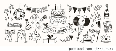 Party doodle. Birthday celebration hand drawn elements. Festive holiday event sketch icons. Disco ball, garlands and karaoke microphone, champagne and cake with candles, balloons. Vector isolated set 136428935