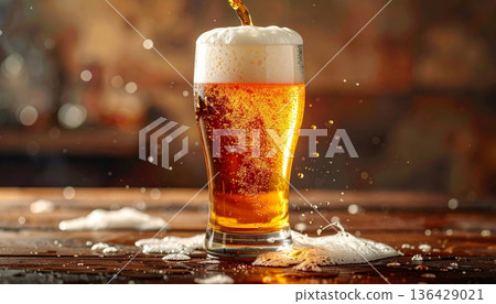 A cold pint of golden lager beer with thick white foam sits on a bar table, serving as a refreshing alcoholic beverage in a full glass mug A cold pint of golden lager beer with thick white foam sits on a bar table, serving as a refreshing alcoholic beverage in a full glass mug 136429021
