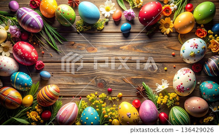 A festive holiday basket filled with colorful easter eggs and shiny gold baubles creates a vibrant seasonal celebration decor featuring red ornaments and festive gift objects for a new year A festive holiday basket filled with colorful easter eggs and shiny gold baubles creates a vibrant seasonal celebration decor featuring red ornaments and festive gift objects for a new year 136429026