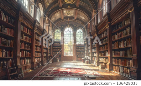 An ancient stone corridor in a medieval European abbey library features a narrow vaulted cloister and historic architecture deep within the old town city center 136429033