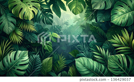 Lush tropical jungle background featuring green fern leaves and evergreen pine branches creating a natural forest frame for a festive holiday celebration 136429037