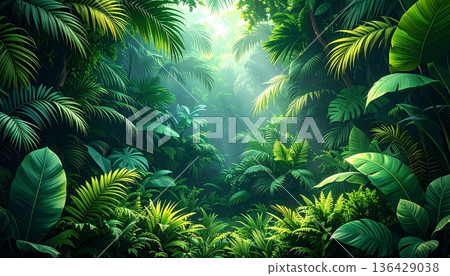 Lush tropical jungle background featuring green fern leaves and evergreen pine branches creating a natural forest frame for a festive holiday celebration 136429038
