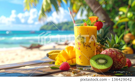 An exotic tropical cocktail with fresh fruit and ice rests on the warm beach sand by the blue ocean water under a clear summer sky 136429042