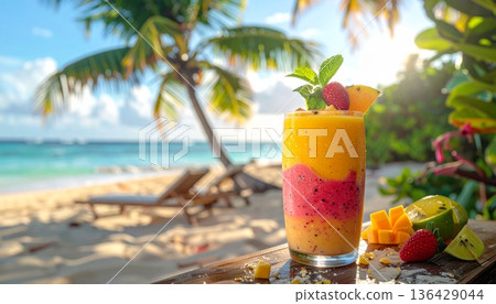 An exotic tropical cocktail with fresh fruit and ice rests on the warm beach sand by the blue ocean water under a clear summer sky An exotic tropical cocktail with fresh fruit and ice rests on the warm beach sand by the blue ocean water under a clear summer sky 136429044
