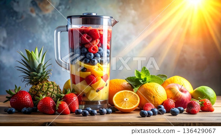 A vibrant still life with fresh fruits and vegetables featuring ripe apples, juicy oranges, and a pineapple alongside a glass of healthy green juice for a sweet breakfast diet isolated on white 136429067