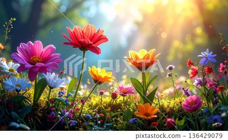 A vibrant meadow of red poppies and bright marigolds blossoms under the summer sun, showcasing a beautiful field of colorful spring flowers and floral beauty in nature A vibrant meadow of red poppies and bright marigolds blossoms under the summer sun, showcasing a beautiful field of colorful spring flowers and floral beauty in nature 136429079