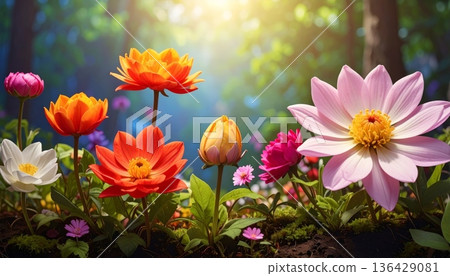 A vibrant meadow of red poppies and bright marigolds blossoms under the summer sun, showcasing a beautiful field of colorful spring flowers and floral beauty in nature 136429081