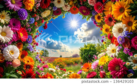 A colorful summer garden frame featuring vibrant gerbera daisies and roses in bloom as butterflies drift through flowers against a bright sky 136429103