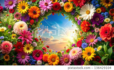 A colorful summer garden frame featuring vibrant gerbera daisies and roses in bloom as butterflies drift through flowers against a bright sky 136429104