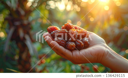 A closeup of organic brown coffee beans held in a palm like healthy dried fruit snacks isolated on a white background 136429115