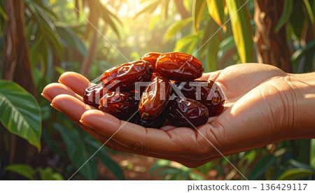 A closeup of organic brown coffee beans held in a palm like healthy dried fruit snacks isolated on a white background 136429117