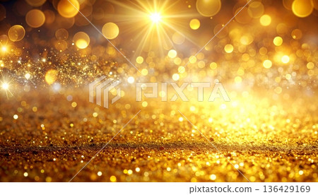 A bright golden Christmas background featuring blurred bokeh lights and glittering stars creates a shiny festive holiday decoration with a warm yellow glow and soft defocused circles A bright golden Christmas background featuring blurred bokeh lights and glittering stars creates a shiny festive holiday decoration with a warm yellow glow and soft defocused circles 136429169