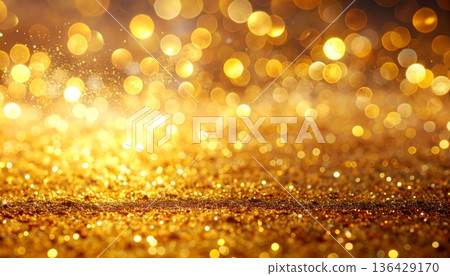 A bright golden Christmas background featuring blurred bokeh lights and glittering stars creates a shiny festive holiday decoration with a warm yellow glow and soft defocused circles A bright golden Christmas background featuring blurred bokeh lights and glittering stars creates a shiny festive holiday decoration with a warm yellow glow and soft defocused circles 136429170