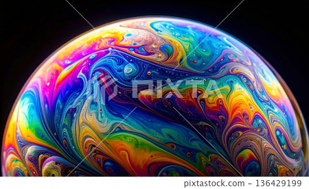 An abstract colorful rainbow background featuring a 3d global sphere of the earth glowing in the dark blue night of space and the star filled universe illustration 136429199