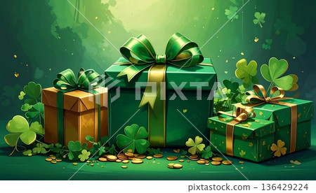 A festive green Christmas gift box wrapped with a decorative red ribbon and bow creates a perfect holiday celebration surprise or birthday present illustration vector 136429224