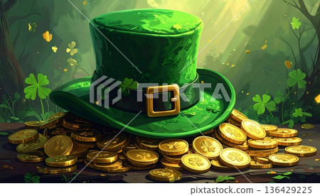 Celebrate St Patrick's Day with a green shamrock clover leaf and a pot of gold beside a leprechaun hat and a cold mug of Irish beer for a lucky holiday celebration 136429225