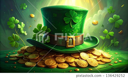Celebrate St Patrick's Day with a green shamrock clover leaf and a pot of gold beside a leprechaun hat and a cold mug of Irish beer for a lucky holiday celebration 136429252