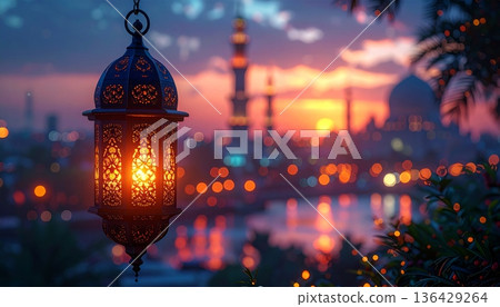 Illuminated architecture of a historic Moscow cathedral glows under the night sky, featuring religious towers and city lights reflecting Russia's travel history near a bridge at sunset 136429264