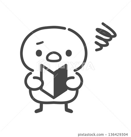 Hand-drawn line drawing of a confused chick holding a beginner's mark in his hand. Anxiety and confusion. Hand-drawn line drawing of a confused chick holding a beginner's mark in his hand. Anxiety and confusion. 136429304