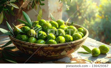 Fresh ripe green olives served in a wooden bowl with a natural leaf, representing a healthy organic vegetarian ingredient isolated on a white background for a raw diet 136429367