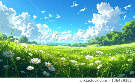 A beautiful rural landscape features a vast green meadow with a field of white daisies under a bright blue summer sky with clouds A beautiful rural landscape features a vast green meadow with a field of white daisies under a bright blue summer sky with clouds 136429392