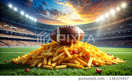 A brown leather American football ball with white laces sits on the green grass of a sports field, representing a professional NFL game competition equipment illustration 136429407