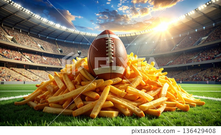 A brown leather American football ball with white laces sits on the green grass of a sports field, representing a professional NFL game competition equipment illustration 136429408