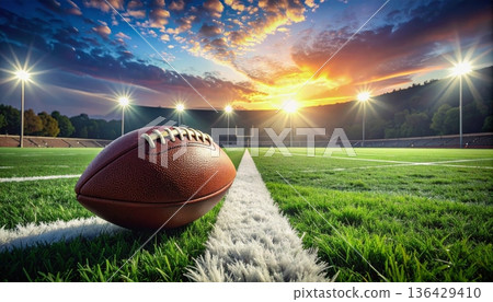 An isolated brown leather American football sits on the green grass of a college field, ready for a competitive game of sports An isolated brown leather American football sits on the green grass of a college field, ready for a competitive game of sports 136429410