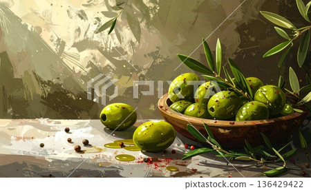 Fresh green olives and healthy olive oil rest on a wooden board with spring leaves and nature decorations for a seasonal agriculture display Fresh green olives and healthy olive oil rest on a wooden board with spring leaves and nature decorations for a seasonal agriculture display 136429422